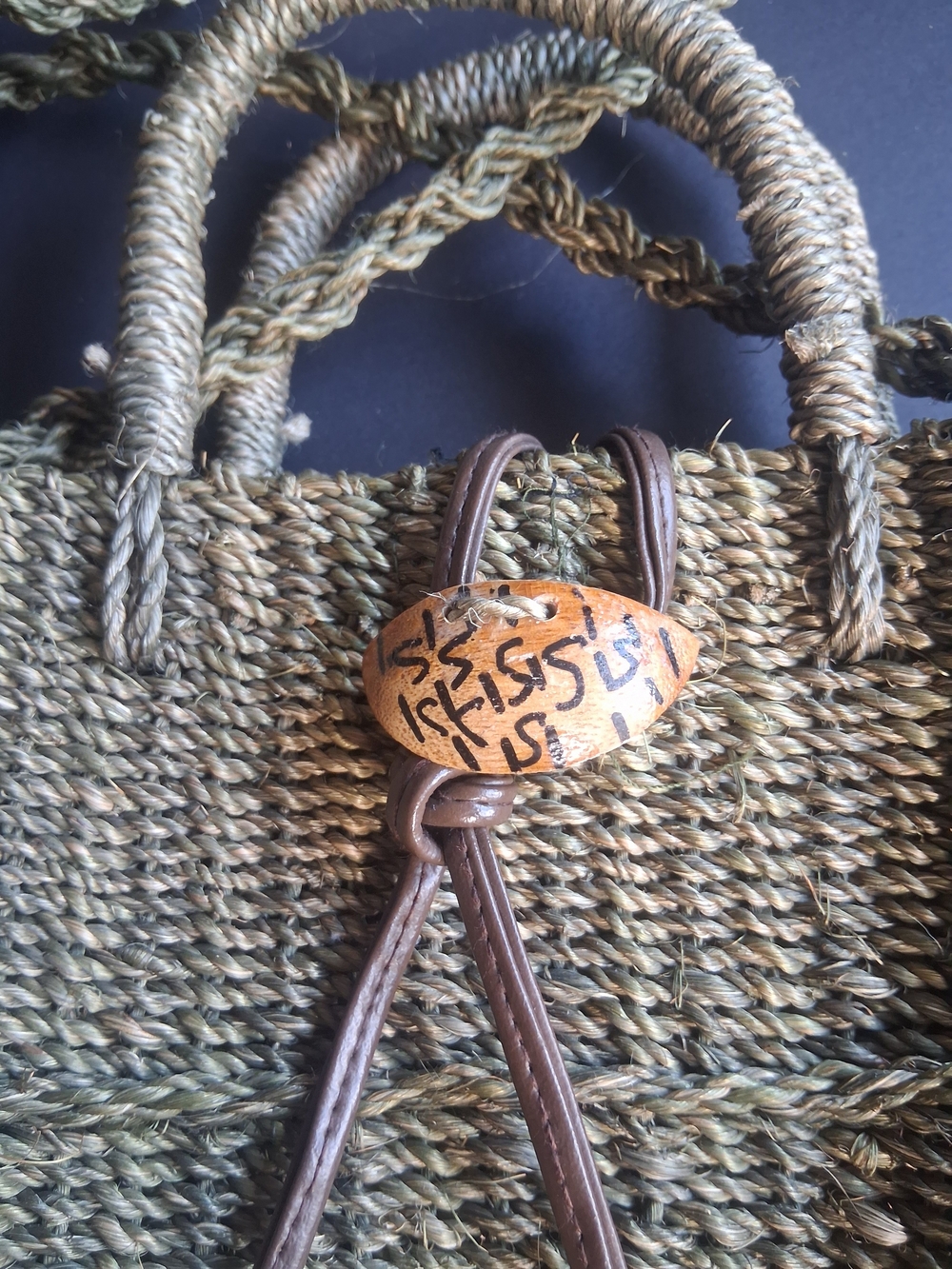 Woven Straw Tote Bag with Wooden Animal Accents - Olive Green - Picture 7 of 7